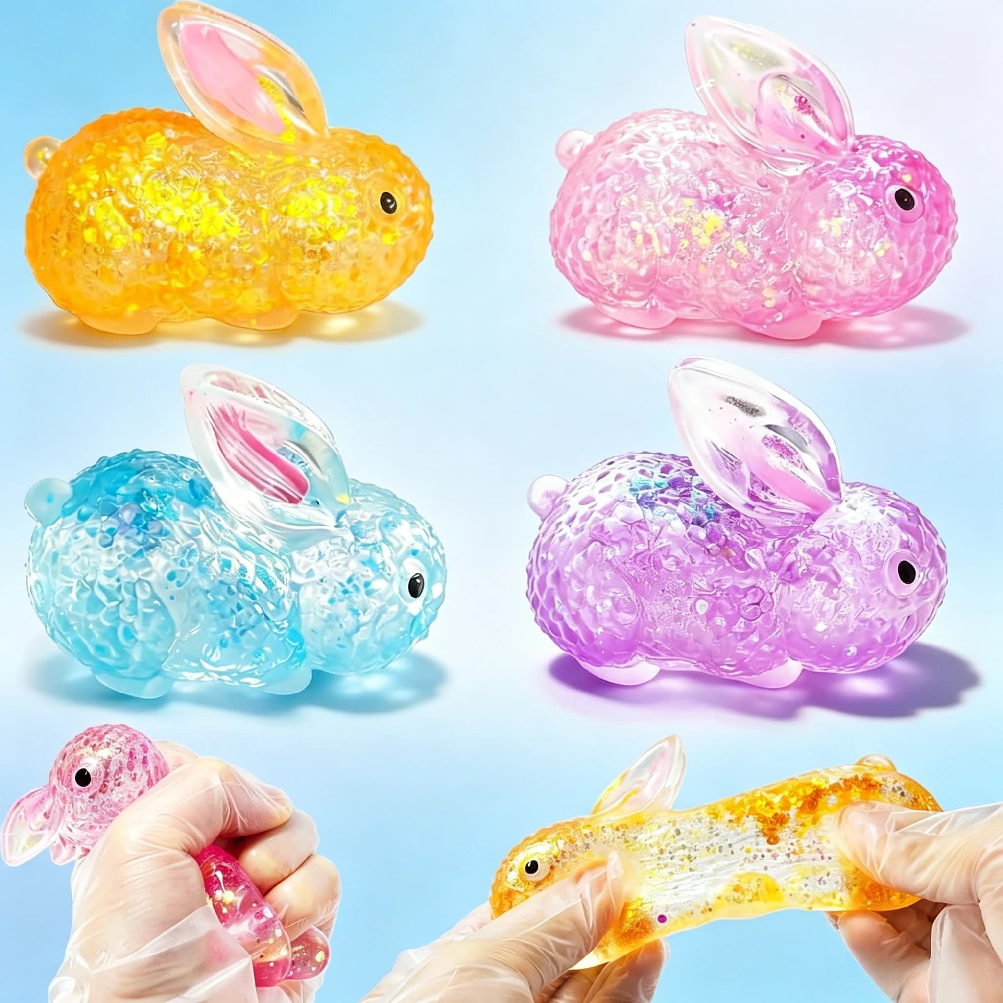 Cute Glitter Clear Squishy Rabbit Fidget Toy Transparent Sparkle Bunny Squeeze Stress Relief Toy Kawaii Animal Soft Squeeze Toy for Kids Adults Anxiety Relief Desktop Decor Gift Random Color