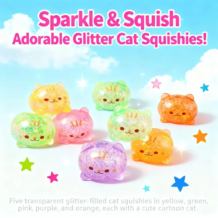 1pc Transparent Glitter Cat Squeeze Toy, Clear Sequins Kitten Squishy Fidget Toy, Soft TPR Slow Rebound Stress Relief Pinch Toy