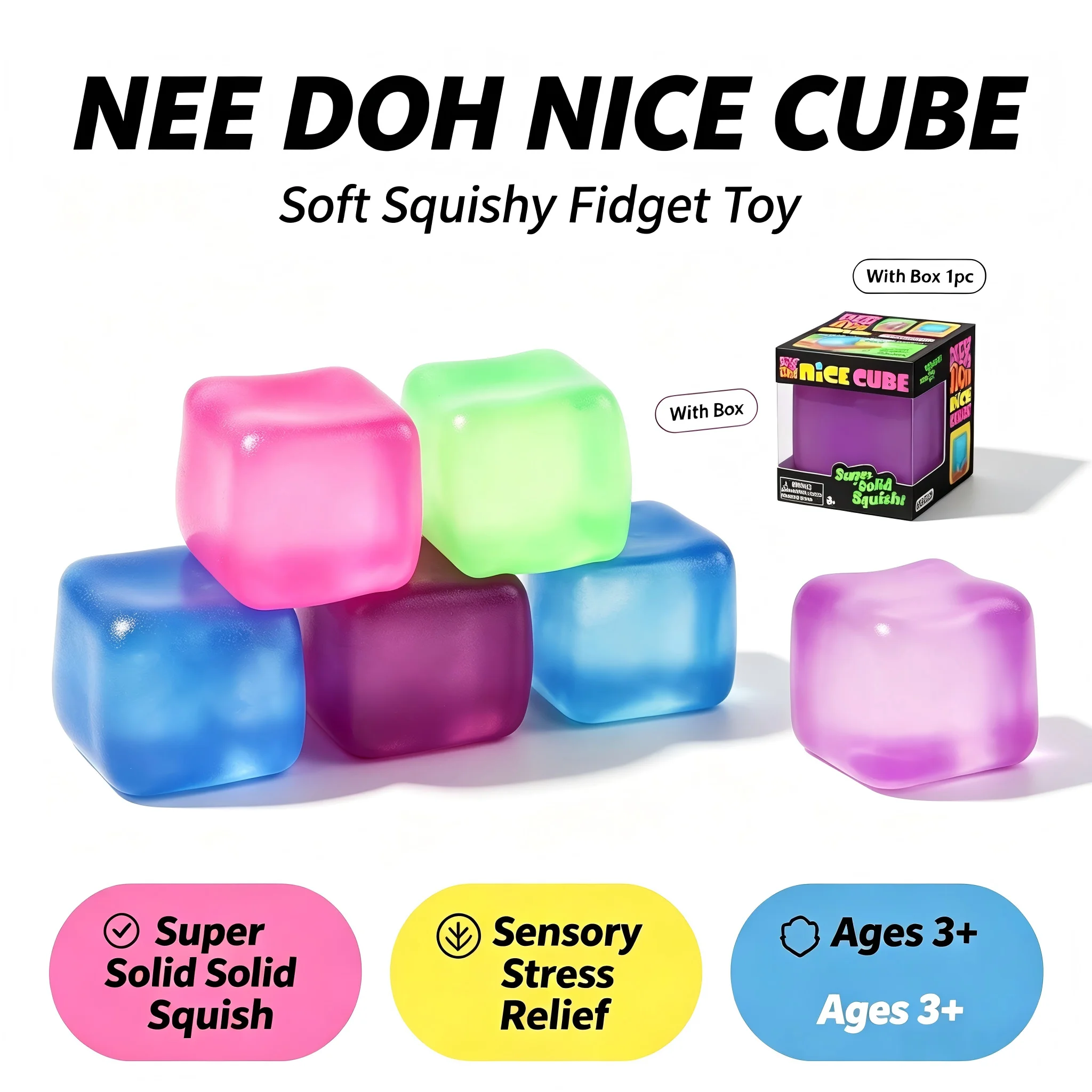 Ice Cube Squishy Fidget Toy, Soft Resilient Stress Relief Squeeze Cube Toy, Automatic Rebound Sensory Anxiety Relief Toy, Non-Toxic Portable Desk Fidget Nee Doh Cube for Kids Adults Classroom Office Relax Gift Random Multicolor Pudding Toy