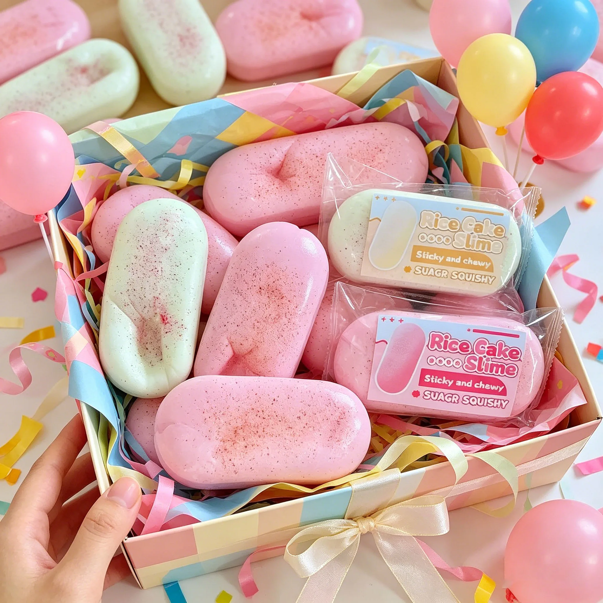 Large Size Rice Cake Mochi Squishy Toy, Big Chewy Sticky Slow Rising Cheese Strip Squeeze Fidget Toy, Pink White Speckled Fake Dessert Stress Relief Anti-Anxiety Toy, Cute Desk Decor Gift for Teens Adults Kids 1pack.